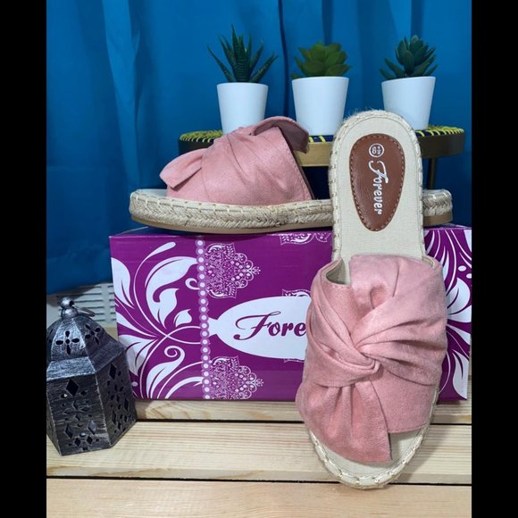 Forever 21 Shoes - Pink Knotted Peep Toe Espadrille Mule Flat Slide Sandals